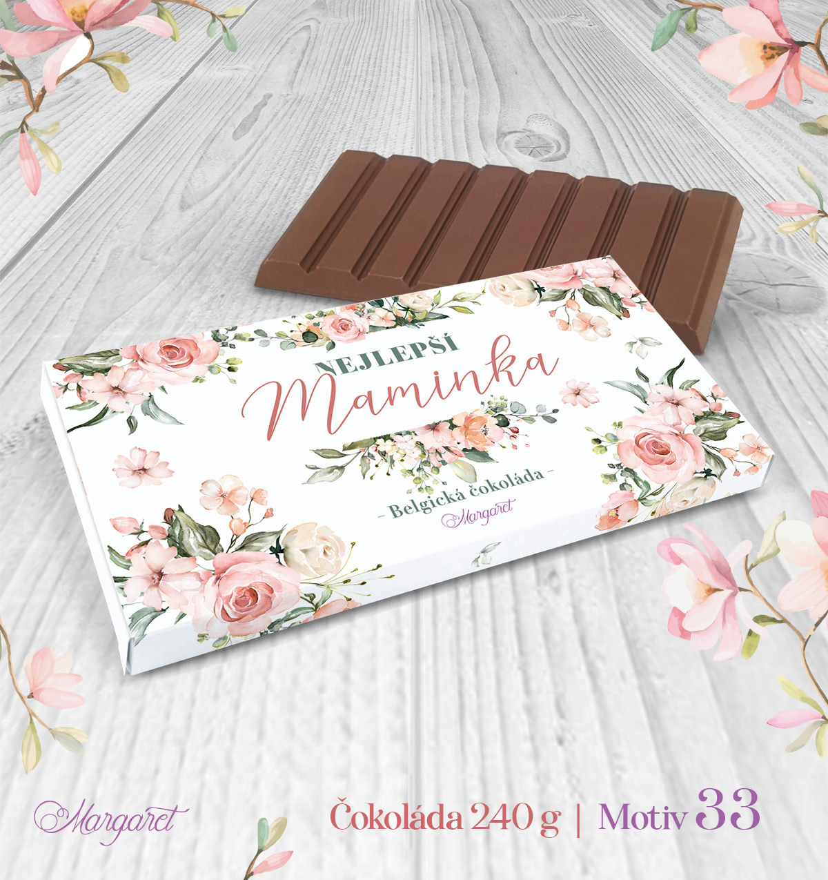 Belgická čokoláda 240 g – Nejlepší maminka – růžové květy | Motiv 33