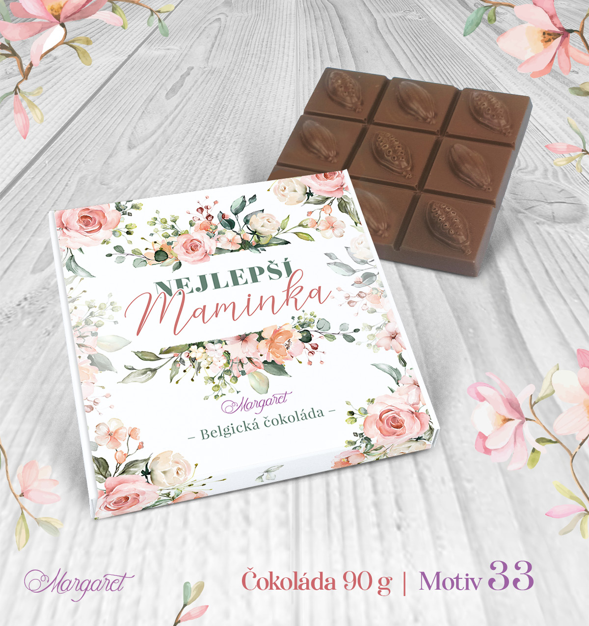 Belgická čokoláda 90 g – Nejlepší maminka – růžové květy | Motiv 33